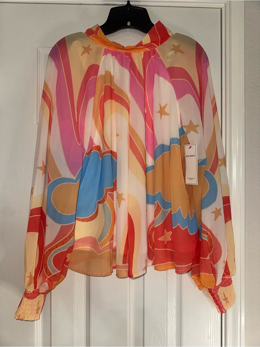 NWT Aura Multicolor Swirl Print Chiffon Blouse with Smocked Cuffs